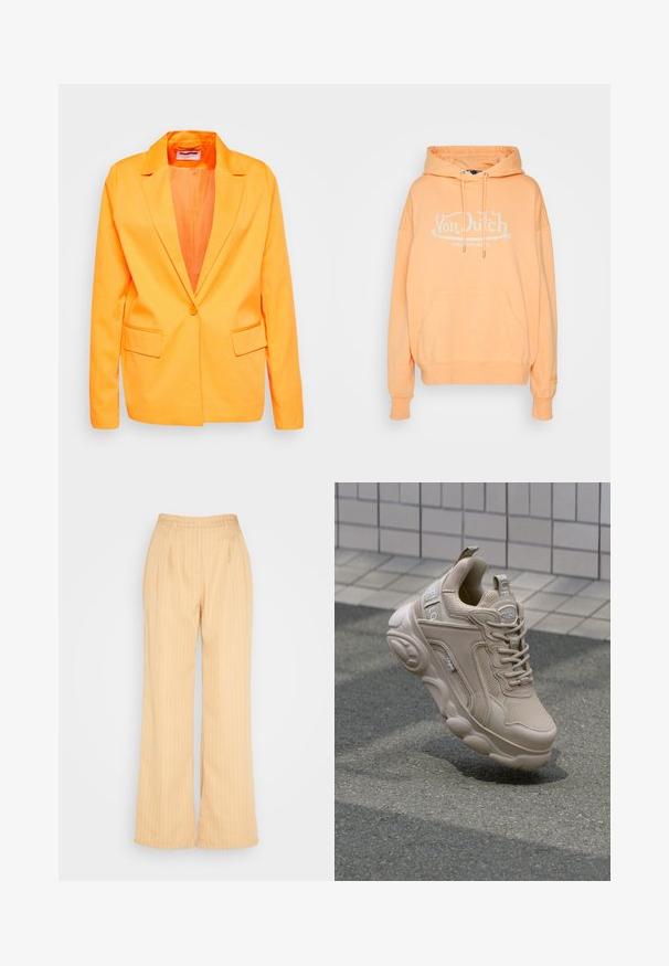 Noisy May NMTHEA - Blazer - vibrant orange; Perzikkleurige hoodie van zachte stof, met een voorzak, trekkoordcapuchon en een groot wit "Von Dutch Originals" logo.; IN THE STYLE GEORGIA LOUISE PIN STRIPE WIDE LEG TROUSERS - Broek - stone; Beige sportieve schoen met een bovenwerk van mesh en synthetisch materiaal, gewatteerde kraag en een stevige zool met textuuraccenten. Merkzichtbaar aan de zijkant.