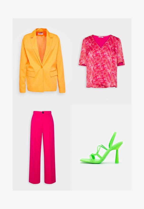 Noisy May NMTHEA - Blazer - vibrant orange; VILA VILAYLA VIE - Bluse - pink yarrow; Fuchsia brede bukser med høj talje, frontfald og en enkelt sort knaplukning. Glat tekstur og skræddersyet design.; Call it Spring Højhælede sandaletter / Højhælede sandaler - bright green
