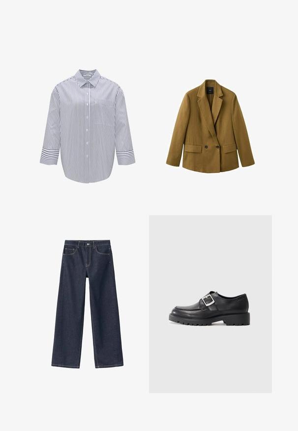 Brauner zweireihiger Blazer mit Kerbkragen, zwei vorderen Pattentaschen und langen Ärmeln, auf weißem Hintergrund dargestellt.; Gestreiftes Hemd mit Kragen, weißer Grundfarbe und dunkelblauen vertikalen Streifen. Verfügt über eine Brusttasche und breite, dreiviertellange Ärmel.; Dunkelblaue Denim-Hosen mit weitem Bein und hoher Taille, sichtbaren Nähten, zwei Fronttaschen und einem Knopfverschluss am Bund.; Schwarze Lederschuhe mit einer abgerundeten Spitze, ausgestattet mit einem seitlichen Schnallen-Detail und einer dicken, robusten Sohle. Glatte Textur mit minimalen Nähten.