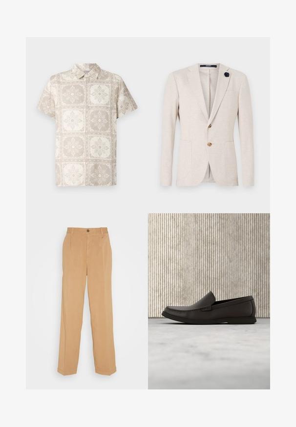 Blazer beige au design classique, avec des revers crantés, deux poches avant et une fleur en tissu bleu marine en accent sur le revers.; Chemise à manches courtes avec un bouton en beige, ornée d'un motif floral répétitif. Fabriquée à partir d'un tissu léger offrant une apparence naturelle et texturée.; Pantalons larges beiges en tissu doux, dotés de deux poches avant, d'une fermeture à bouton et de plis le long des jambes.; Mocassins en cuir marron foncé avec un bout arrondi, des détails de couture discrets et une semelle en caoutchouc basse. Texture lisse avec un ajustement flexible.