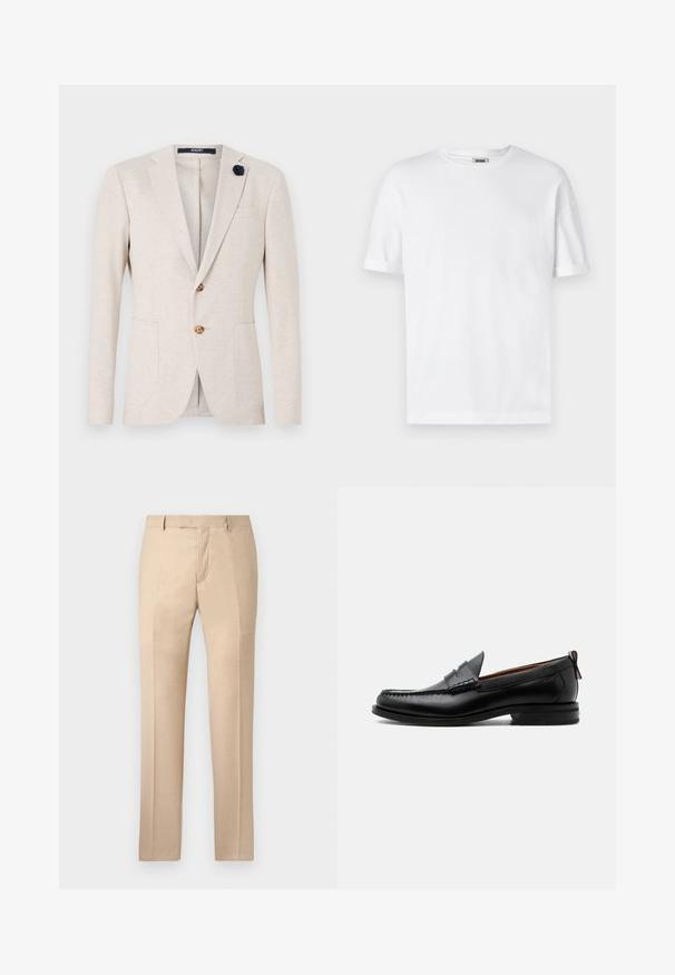 Beige Blazer mit klassischem Design, mit Reverskragen, zwei Fronttaschen und einem blauen Stoffblumenakzent am Revers.; Weißes Baumwoll-T-Shirt mit Rundhalsausschnitt, kurzen Ärmeln und umgeschlagenen Bündchen; schlichtes Design, weiche Textur und gerade geschnitten.; Beige maßgeschneiderte Hose mit glatter Textur, flachem Frontbereich und geraden Beinen. Verfügt über Gürtelschlaufen und einen verdeckten Reißverschluss.; Schwarzer Leder-Herrenschuh mit Mokassinnaht, Penny-Riemen, strukturiertem Kragen und niedrigem gestapeltem Absatz auf weißem Hintergrund.