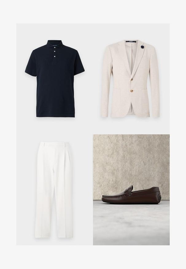 Blazer beige con un diseño clásico, solapas muestradas, dos bolsillos frontales y un acento de flor de tela azul marino en la solapa.; Polo de manga corta azul marino con cuello y tres botones blancos en la tapeta, mostrado sobre un fondo liso.; Pantalones blancos a medida con un diseño de pierna recta, que presentan pliegues, un frente plano y una textura de tela suave. Sin bolsillos o adornos visibles.; Mocasines de cuero marrón con un acabado suave, costura al estilo mocasín, puntera elevada y una suela de goma baja y flexible.