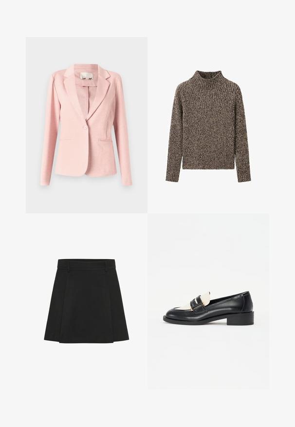 Lys pink blazer lavet af glat stof, med en skåret revers, enkelt knaplukning og to forlommer. Skræddersyet pasform.; Brun og beige meleret strikket sweater med lange ærmer og en ribbet mock neck krave, præsenteret foran en hvid baggrund.; Sort plisseret nederdel med en struktureret talje. Lavet af et tekstureret stof, den har tydelige folder og en lige kant.; Sorte læderloafer med en kontrasterende cremefarvet vamp, der har to dekorative stropper med guldbeslag og en blokhælsdesign.