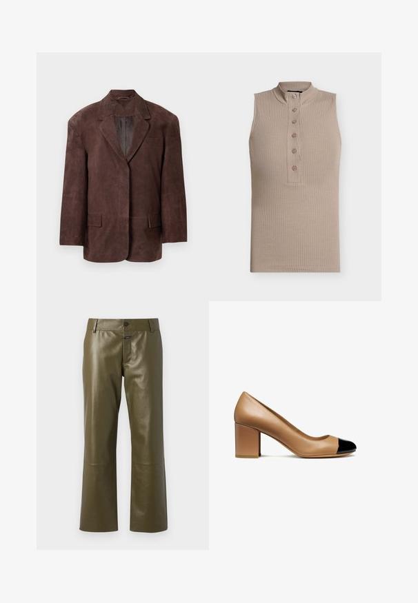 Mørkebrun ruskindsblazer med slidser, to forreste klaplommer og en brystlomme, præsenteret mod en hvid baggrund.; Beige ærmeløs top med høj krave, ribbet tekstur og seks knapper ned foran. Simpelt design og tætsiddende form.; CLOSED SERANDON - Skindbukser - marsh green; Beige læderpumps med en rund tå og en sort patenthætte, med en blokhæl og glat tekstur.