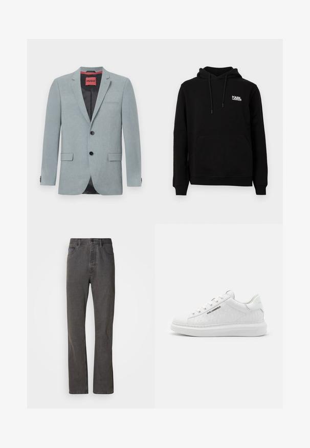 Lys grå blazer lavet af tekstureret stof, med sort for, to forlommer, notch-lapper og sorte knapper. Rød label indeni.; Sort hættetrøje lavet af blødt stof med en front kangaroo-lomme, snor i hætten og hvid "KARL LAGERFELD" logo på brystet.; Grå denim jeans med lige ben-design, der har forlommer, knaplukning og subtil tekstur.; Hvide sneakers lavet af glat læder med prægede mønstre. Har rund tå, snørebånd foran og struktureret sål. Sølvlogo detalje på siden.