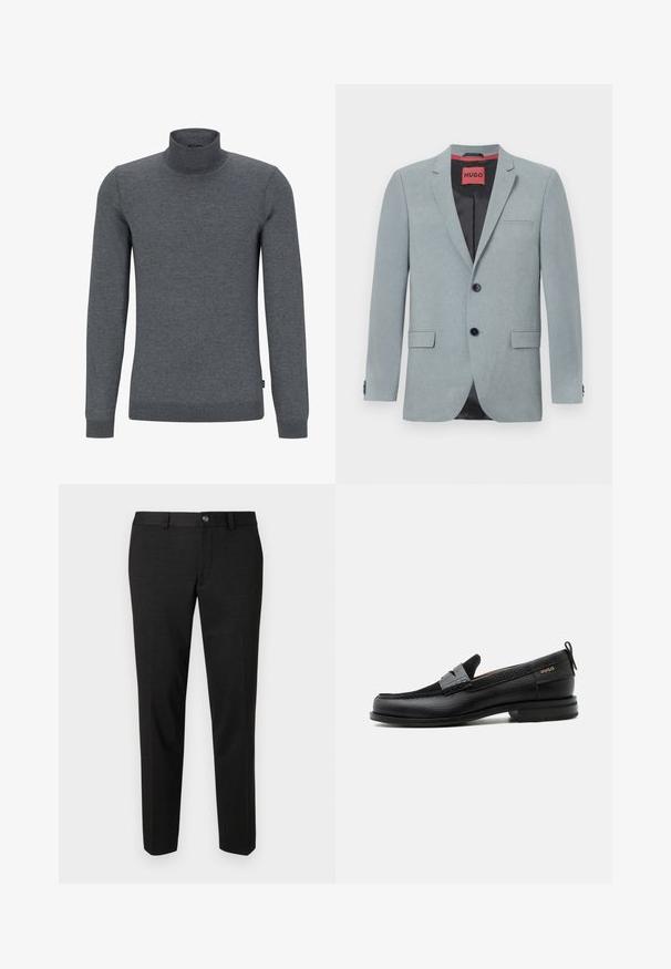 Svetlošedý blazer z textilného materiálu, so čiernou podšívkou, dvoma prednými vreckami, zárezovým klopom a čiernymi gombíkmi. Červená nášivka vo vnútri.; Šedý rolák vyrobený z mäkkého pleteného materiálu. Má dlhé rukávy, ribbovaný golier a pravidelný strih s hladkou textúrou.; Čierne nohavice z hladkej tkaniny. Majú rovný strih, plochý predný diel a zapínanie na gombík s jednoduchým dizajnom pásu.; Čierny kožený mokasín so sivým remienkom, nízkym podpätkom a textúrovanou podrážkou, so značkou "HUGO" v zlatej farbe na boku.