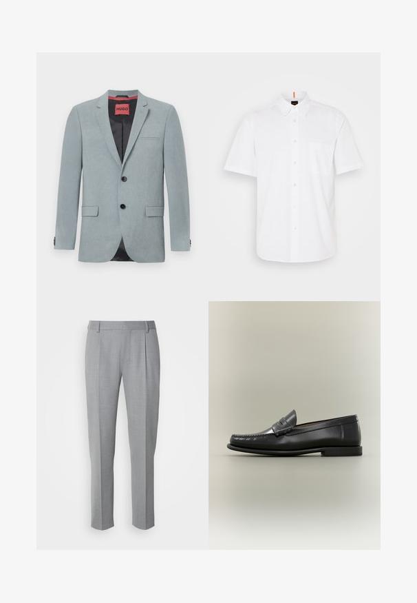 Blazer gris clair en tissu texturé, avec une doublure noire, deux poches avant, un col en notch et des boutons noirs. Étiquette rouge à l'intérieur.; Chemise blanche à manches courtes, boutonnée, fabriquée en coton, avec une poche poitrine unique, un col classic et des détails de couture discrets.; Pantalons gris sur mesure avec une texture lisse, présentant un devant plat, des jambes droites et de légères pinces pour plus de détail.; Mocassin pour homme en cuir noir avec un design moc-toe, une lanière à monnaie et un talon bas sur un fond neutre.