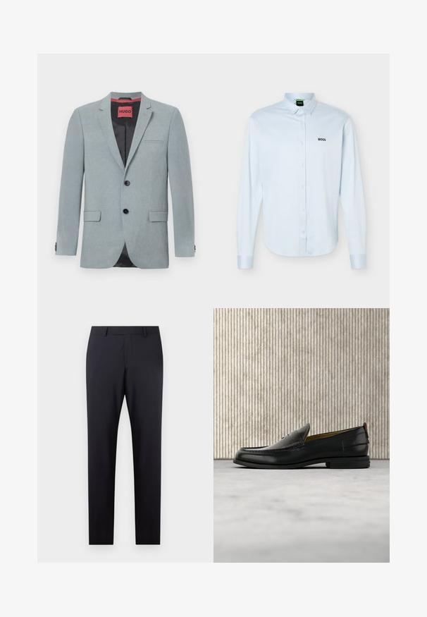 Lys grå blazer lavet af tekstureret stof, med sort for, to forlommer, notch-lapper og sorte knapper. Rød label indeni.; Lyseblå langærmet skjorte med knapper og krave, sort "BOSS"-logo på venstre bryst og manchetter med knapper.; Mørkeblå skræddersyede bukser med flad front, slim fit, sidelommer og en glat tekstur; ingen synlige mønstre eller dekorative elementer.; Sort læder herreloafer med krokodillepræget forstykke og lav hæl, vist i profil på en neutral baggrund.