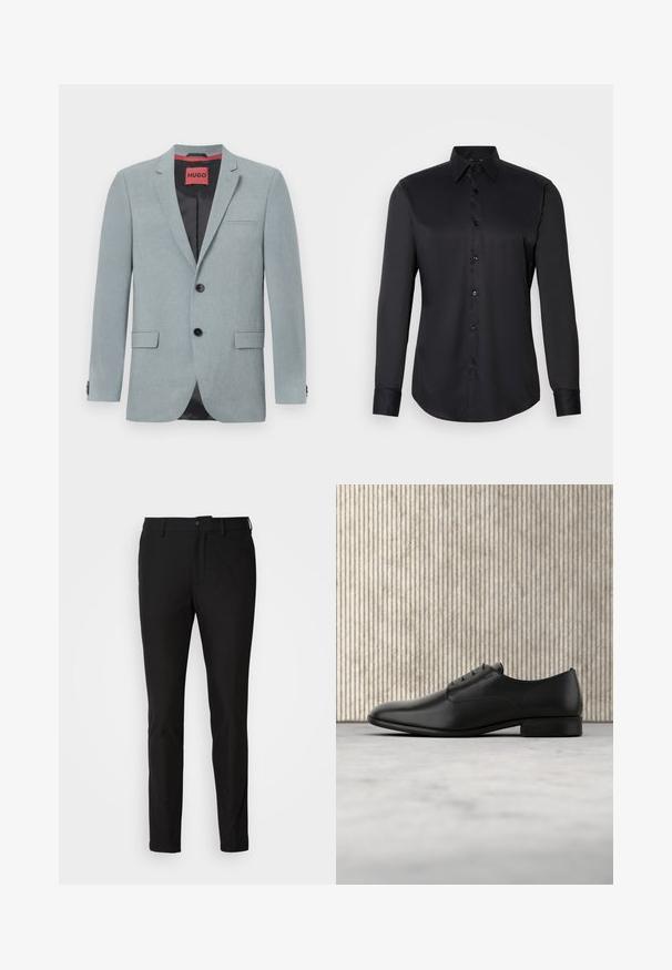 Svetlošedý blazer z textilného materiálu, so čiernou podšívkou, dvoma prednými vreckami, zárezovým klopom a čiernymi gombíkmi. Červená nášivka vo vnútri.; Čierna košeľa s tlačidlami zo hladkej tkaniny, s klasickým golierom, dlhými rukávmi a zapínaním na gombíky vpredu.; Čierne nohavice so slim fit strihom, s gombíkom na zapínanie, zipsom a dvoma prednými vreckami. Hladká tkanina s matným povrchom.; Čierne kožené spoločenské topánky s elegantným dizajnom, zaoblenou špičkou, piatimi dierkami na šnúrky a malým vyvýšeným opätkom. Jemný embosovaný logotyp.