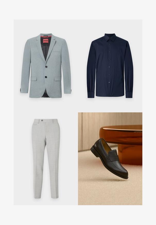 Blazer gris clair en tissu texturé, avec une doublure noire, deux poches avant, un col en notch et des boutons noirs. Étiquette rouge à l'intérieur.; Chemise à manches longues bleu marine en tissu lisse, dotée d'un col classique, d'une fermeture à boutons à l'avant avec des boutons carrés noirs et de poignets boutonnés.; Pantalon gris ajusté avec un motif à carreaux subtil, fabriqué en tissu léger. Dispose d'une fermeture à bouton et de poches latérales. Silhouette ajustée.; Mocassin en cuir noir à talon bas flottant au-dessus d'un sol moquetté beige près d'une table ronde marron.