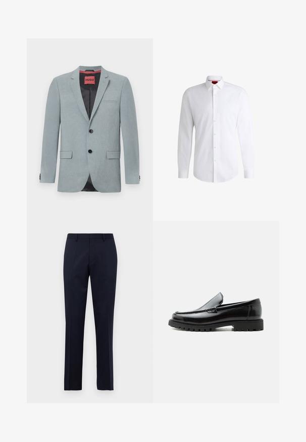 Svetlošedý blazer z textilného materiálu, so čiernou podšívkou, dvoma prednými vreckami, zárezovým klopom a čiernymi gombíkmi. Červená nášivka vo vnútri.; Biela košeľa na gombíky vyrobená z hladkej látky s klasickým golierom, dlhými rukávmi a zaobleným lemom. Má béžové gombíky na prednej strane.; Námořnické modré slim-fit formální kalhoty s poutky na opasek a stlačenými předními záhyby, umístěné na čistém bílém pozadí.; Čierny kožený mokasín s hrubou gumovou podrážkou, prešitý zvršok a vyrazeným názvom značky na päte, zobrazený z bočného profilu na bielom pozadí.
