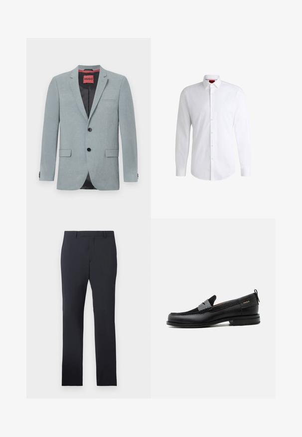 Lichtgrijze blazer van textuurstof, met een zwarte voering, twee voorzakken, notch revers en zwarte knopen. Rode label aan de binnenkant.; Witte overhemden van soepel materiaal met een klassieke kraag, lange mouwen en een afgeronde zoom. Voorzien van beige knopen aan de voorkant.; Navy formele broek van gladde stof. Kenmerken een flat front, riemlussen en zijzakken, met een op maat gemaakte rechte pasvorm.; Zwarte leren loafer met grijs riemdetailelement, lage hak en gestructureerde zool, aan de zijkant gebrandmerkt met "HUGO" in goud.