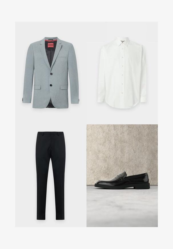 Lys grå blazer lavet af tekstureret stof, med sort for, to forlommer, notch-lapper og sorte knapper. Rød label indeni.; Hvid skjorte med lange ærmer, knapper foran, klassisk krave og manchetter, vist mod en ensartet lys baggrund.; Sorte skræddersyede herreformelle bukser med bæltestropper, glat front og lige ben på en hvid baggrund.; Sort poleret læderloafer flydende over beige tæppe med orange gennemsigtigt møbel i baggrunden.