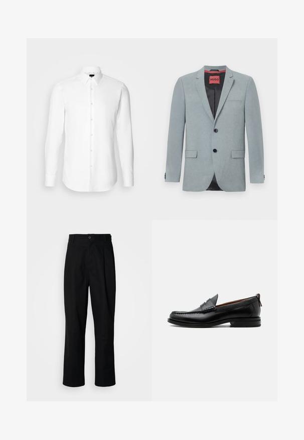 Lys grå blazer lavet af tekstureret stof, med sort for, to forlommer, notch-lapper og sorte knapper. Rød label indeni.; Hvid skjorte med lange ærmer, knaplukning foran, klassisk krave, lavet af glat stof med en subtil tekstur, designet til et tætsiddende udseende.; Sorte lige ben bukser med en knaplukket talje, bæltestropper og en frontfold, præsenteret mod en ensfarvet hvid baggrund.; Sort læder herre loafer med moc-tå syning, penny strop, struktureret krave og lav stablet hæl på hvid baggrund.