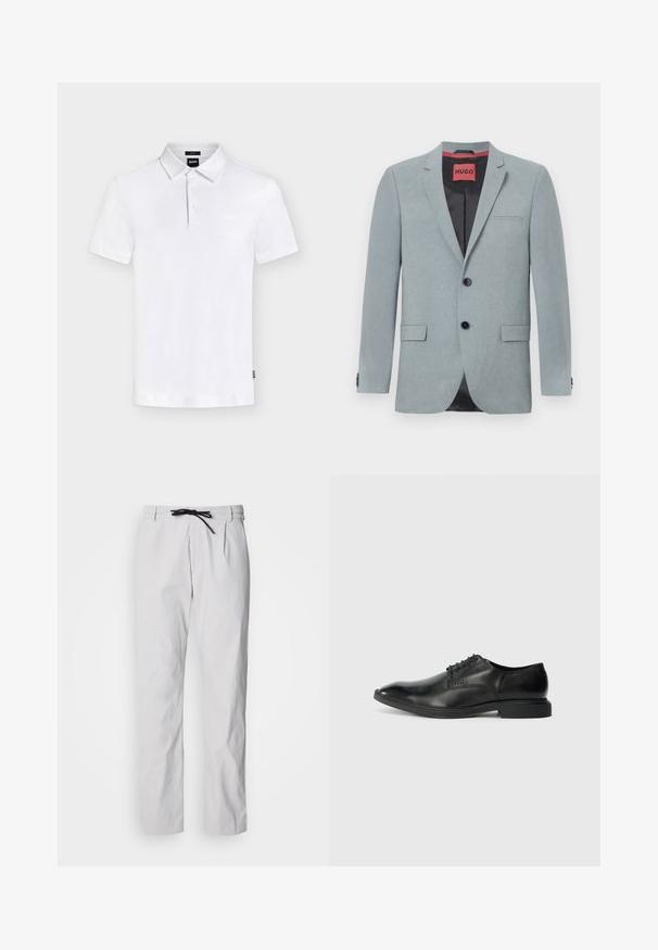 Lys grå blazer lavet af tekstureret stof, med sort for, to forlommer, notch-lapper og sorte knapper. Rød label indeni.; Hvid kortærmet polo med krave og tre knapper, med subtilt "BOSS" logo på brystet og lille mærkat i siden.; Bukser i bomuldsblanding med konisk pasform i lysegrå med snøre i taljen. Har frontplooier og sidelommer for funktionalitet.; Sort læder herresko med glat overflade, spids tå, seks snørrehuller og lav, rektangulær hæl. Diskret brandingdetalje på siden.