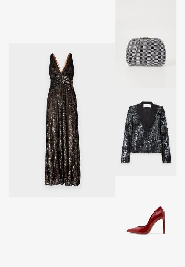 Blazer noir en sequins avec une surface texturée, présentant un revers en satin, un devant à double bouton, une coupe cropped et des manches longues.; Halston ESRA STRIPED - Robe de cocktail - black; Escarpin en cuir verni rouge à talon aiguille, avec un bout pointu, une surface lisse et un talon élancé, doté d'une semelle beige.; Pochette texturée noir et blanc de forme arrondie, avec une chaîne en métal argenté et un fermoir en métal en haut.
