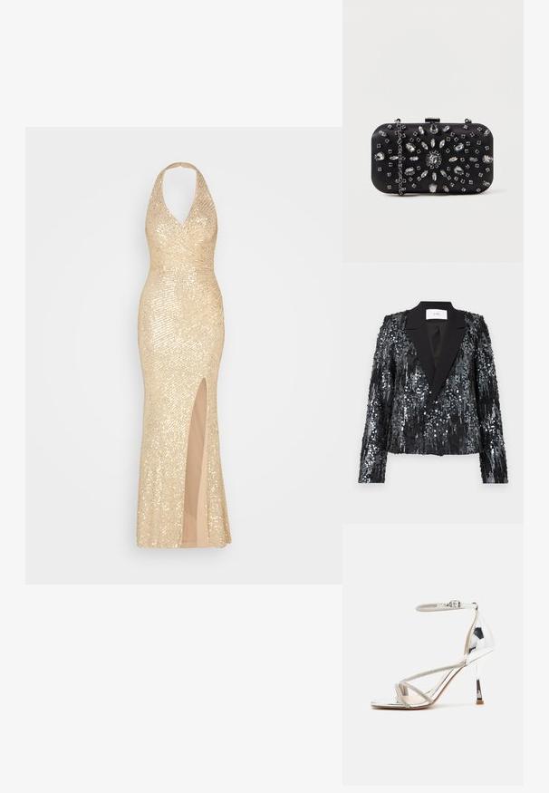 Blazer noir en sequins avec une surface texturée, présentant un revers en satin, un devant à double bouton, une coupe cropped et des manches longues.; Robe en sequins dorés avec un col halter, une silhouette ajustée et une fente haute sur la cuisse. La doublure intérieure lisse complète la couche extérieure brillante.; Sandale à talons hauts en argent avec un design à lanières, en matériau scintillant, accents en strass et une fine bride à la cheville. Bout carré et talon poli.; Pochette noire de forme rectangulaire, ornée de divers strass disposés en motifs floraux, dotée d'une chaîne en argent pour le transport.