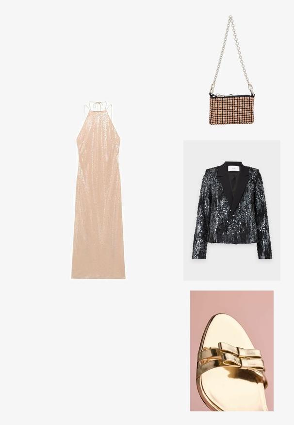 Blazer negro de lentejuelas con una superficie texturizada, que presenta un cuello de pico de satén y un frente de doble botón, con un corte corto y mangas largas.; Vestido largo sin mangas en beige claro con cuello halter y lazo en la espalda. Cubierto de lentejuelas, con una silueta fluida y textura suave.; Zapato metálico dorado tipo slip-on con punta afilada, adornado con dos lazos y superficie lisa y brillante. Fondo rosa suave.; Bolso de mano negro y dorado rosado con un diseño parecido a una malla, que presenta una correa de cadena, cierre de cremallera y piedras decorativas de strass.