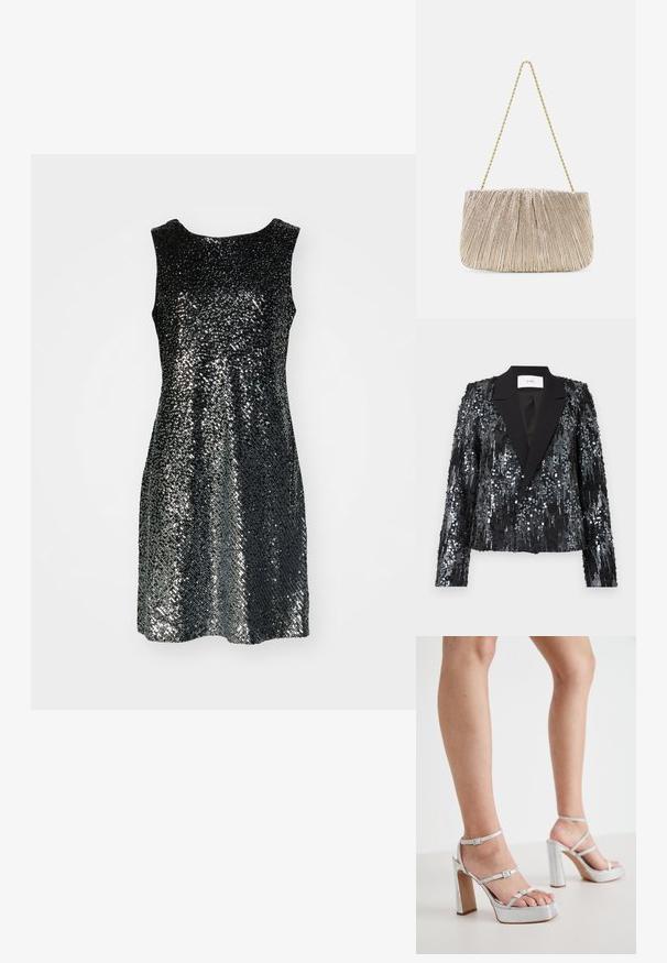 Blazer noir en sequins avec une surface texturée, présentant un revers en satin, un devant à double bouton, une coupe cropped et des manches longues.; Robe noire sans manches recouverte de petites paillettes, créant un effet scintillant. Encolure ronde simple et silhouette évasée.; Sandales à talons hauts argentées avec des brides autour de la cheville, en matière texturée, avec un large talon bloc et des boucles ajustables.; Sacs à main en tissu métallique plissé avec une chaîne dorée, de forme rectangulaire douce, couleur beige clair, surface texturée et détails froncés.