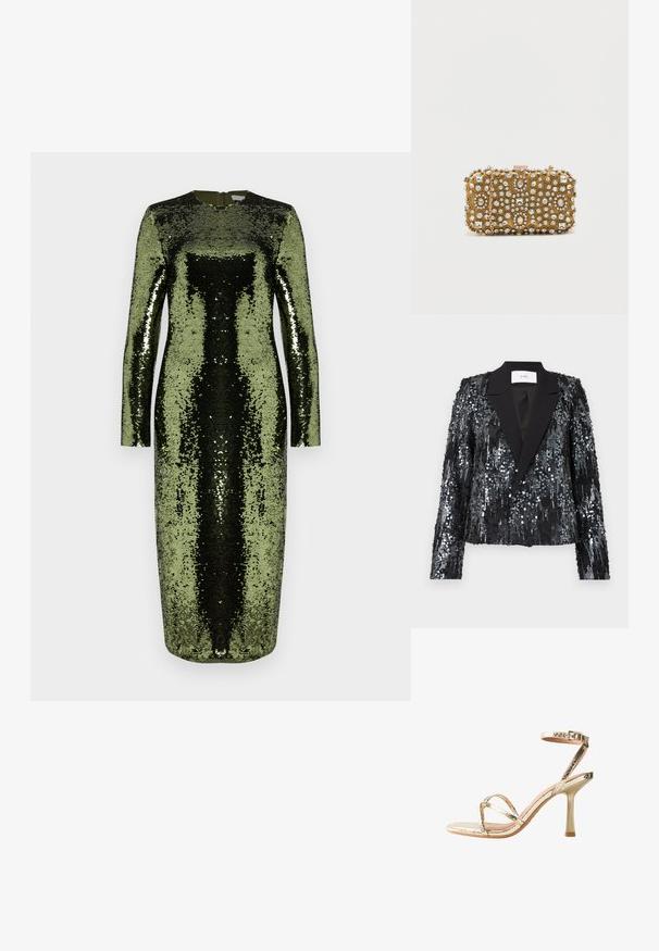 Zwarte sequined blazer met een textuur oppervlak, voorzien van een satijnen pieklapel en dubbele knoopsluiting, cropped pasvorm en lange mouwen.; Langsleevige, vloerlange jurk bedekt met groene en zwarte pailletten. Kenmerkt zich door een ronde halslijn en een ritssluiting aan de achterkant.; Gouden metallic hoge hak sandaal met een slanke enkelband en gekruiste voorbanden. Gladde textuur en dunne stiletto hak ontwerp.; Gouden clutch met intrikate kraal- en strasstenen versieringen. Rechthoekige vorm, sluiting met clasp en een afneembare schouderriem.