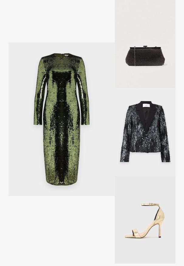 Sort palietjakke med en tekstureret overflade, der har en satin peak lapel og dobbeltknaplukning, cropped pasform og lange ærmer.; Langærmet, gulvlang kjole dækket af grønne og sorte paljetter. Har en rund halsudskæring og en lynlås bagpå.; Guldmetallisk højhælet sandal med en tynd ankelrem, åben tå og et elegant design. Har en glat overflade og minimalistiske detaljer.; Sort mesh clutch-taske med en struktureret silhuet, prydet med små metalstuds, har en låsemekanisme og en aftagelig kæderekke.