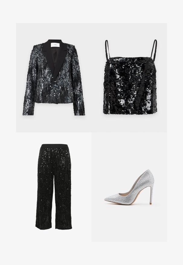 Blazer noir en sequins avec une surface texturée, présentant un revers en satin, un devant à double bouton, une coupe cropped et des manches longues.; Haut noir à sequins avec fines bretelles réglables, présentant un décolleté carré et une surface texturée créée par des sequins superposés.; Pantalons larges en sequins noirs avec une apparence texturée, dotés d'une taille élastique noire et d'accents scintillants sur toute la surface.; Escarpin argenté à talon haut avec une pointe conique, orné de strass, texture lisse et un talon stiletto se rétrécissant à une base étroite.