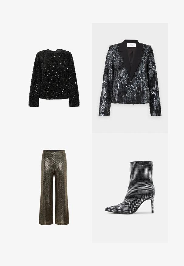 Sort palietjakke med en tekstureret overflade, der har en satin peak lapel og dobbeltknaplukning, cropped pasform og lange ærmer.; Sort, palæret langærmet bluse med rund halsudskæring og satinbånd bagpå. Tekstur overflade med varierende størrelser af pailletter til glans.; Højtsiddende, vide bukser lavet af glitrende guld pailetter med en glat sort talje. Har en løs, flydende pasform.; Sort ankelstøvle med spids tå og stiletto-hæl, dækket af rhinsten for en tekstureret, funkende finish.
