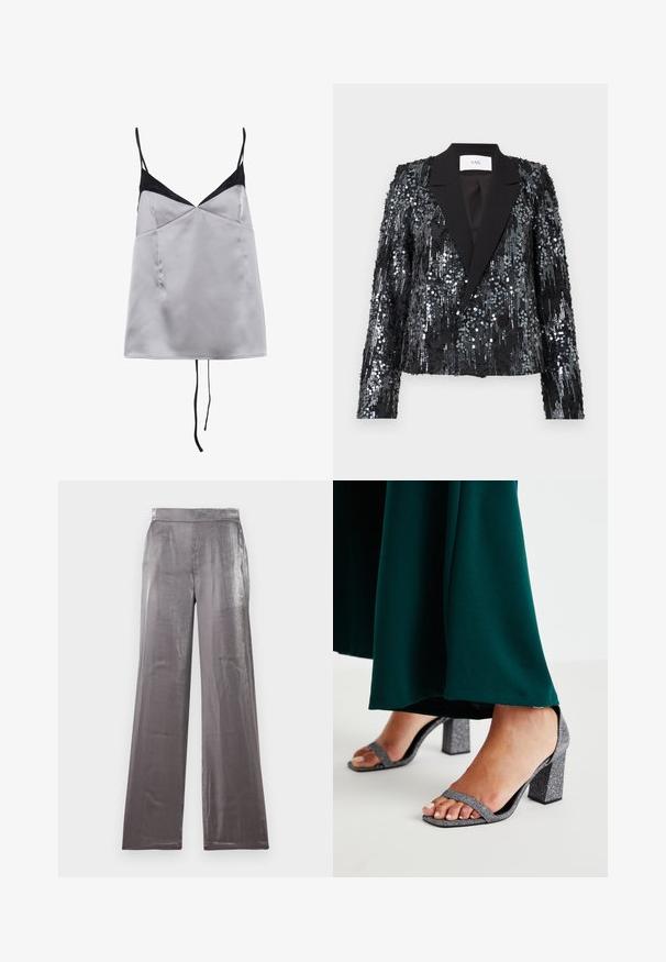 Sort palietjakke med en tekstureret overflade, der har en satin peak lapel og dobbeltknaplukning, cropped pasform og lange ærmer.; Satin cami i lys grå med sorte accenter og tynde stropper. Har en V-hals, glat tekstur og en afslappet pasform.; Bredde benbukser i et skinnende, sølvfarvet stof. Har en glat tekstur med en flad talje og ingen synlige lommer.; Sølvglitrende block-heeled sandaler med to tynde stropper og firkantet tå. Akkompagneret af et mørkegrønt gulvlangt tøj.