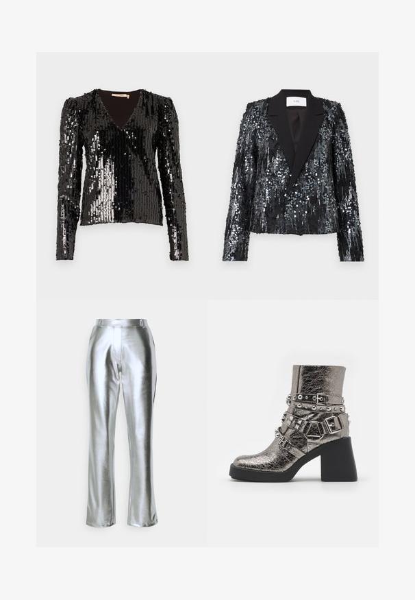 Blazer negro de lentejuelas con una superficie texturizada, que presenta un cuello de pico de satén y un frente de doble botón, con un corte corto y mangas largas.; Top negro con lentejuelas de manga larga que presenta un escote en V y hombros abullonados, con una superficie lisa y texturizada que refleja la luz.; Vero Moda VMSILVER STRAIGHT PANTS - Pantalones - silver-coloured; Botín metálico plateado con múltiples correas negras, tachuelas plateadas y un tacón negro grueso. Superficie texturizada con un acabado brillante.