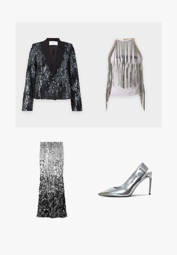 Sort palietjakke med en tekstureret overflade, der har en satin peak lapel og dobbeltknaplukning, cropped pasform og lange ærmer.; Hvid ærmeløs top med lange sølvmetallic frynser langs siderne og halsudskæringen, der skaber en iøjnefaldende kontrasterende tekstur og udseende.; Sølv- og sort paliet nederdel med en ombre mønster fra top til bund, slankt design og glat tekstur. Gulvlængde.; Sølv slingback højhælede sko med spids tå og metallisk finish. Har et strømlinet design og minimalistiske detaljer på hælen.