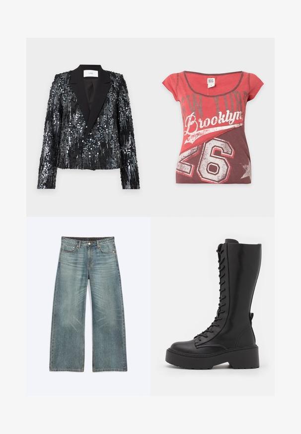 Zwarte sequined blazer met een textuur oppervlak, voorzien van een satijnen pieklapel en dubbele knoopsluiting, cropped pasvorm en lange mouwen.; Rood en bordeauxrood T-shirt met korte mouwen met de tekst "New York Brooklyn" en het nummer 26 gedrukt op de voorkant, maat small.; Blauwe wijde denim jeans met voorzakken, riemlussen, knoopsluiting en subtiele vervaagde details op dijen en knieën.; Zwarte kniehoog laarzen met veter, voorzien van een chunky platformzool, een gladde leren afwerking en verstevigde stiksels langs de naden.