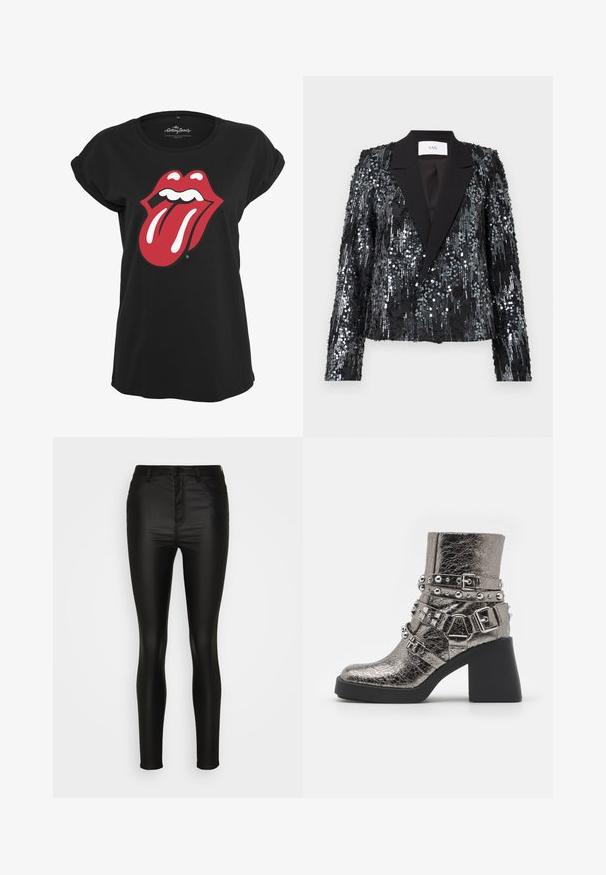 Blazer noir en sequins avec une surface texturée, présentant un revers en satin, un devant à double bouton, une coupe cropped et des manches longues.; T-shirt noir en coton avec un motif graphique en rouge et blanc du logo des Rolling Stones représentant des lèvres et une langue sur le devant. Encolure ronde.; Pantalons skinny noirs taille haute en matériau brillant et extensible, avec cinq poches et une fermeture à bouton et à zip à l'avant.; Bottine argentée métallique avec plusieurs bandes noires, clous argentés et un talon noir épais. Surface texturée avec une finition brillante.