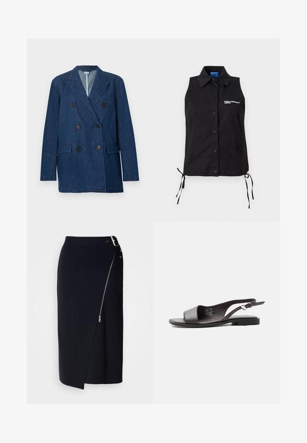 Dobbeltradet mørkeblå denimblazer med notched revers, sorte knapper, brystlomme og to forlommer med klap.; Sort ærmeløs knap-op skjorte med krave, sidelommer og hvidt "KARL LAGERFELD JEANS" logo på venstre bryst.; Mørkeblå blyantskirt lavet af strækbart stof, med en sidelukning med lynlås, en asymmetrisk kant og en elegant silhuet.; Sort læder flad slingback sandal med åben tå og justerbar sølvspænde rem mod hvid baggrund.