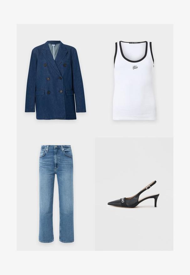Doppelreihiger dunkelblauer Denim-Blazer mit Kerbkragen, schwarzen Knöpfen, Brusttasche und zwei aufgesetzten Taschen vorne.; Weißes, geripptes Tanktop mit schwarzem Rand an Ausschnitt und Armausschnitten, mit kleinem schwarzem "KL"-Logo mittig unterhalb des Ausschnitts.; Mitteldblaue, gerade geschnittene Denim-Jeans mit hoher Taille, vorderem Knopf und fünf Taschenstil vor einem schlichten Hintergrund.; Schwarzer Slingback-Schuh aus Leder mit spitzer Kappe, mittelhohem Absatz und einem markenbezogenen Stoffriemen über dem Spann. Glatte Textur und minimalistisches Design.