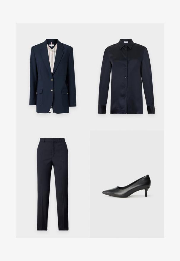Blazer azul marino hecho de tejido estructurado, con solapas de muesca, dos bolsillos frontales y acentos de botones dorados. Forrado con tejido a rayas.; Blusa negra de seda, de manga larga, con cuello puntiagudo, cierre con botones en la parte delantera y mangas con puños, mostrada sobre un fondo claro y liso.; Pantalones de corte recto en color navy, con una textura suave, dos bolsillos delanteros y una cinturilla limpia.; Zapato de tacón puntiagudo de cuero negro con un tacón bajo en forma de cono, textura suave y un corte bajo en la parte superior para mayor visibilidad del pie.