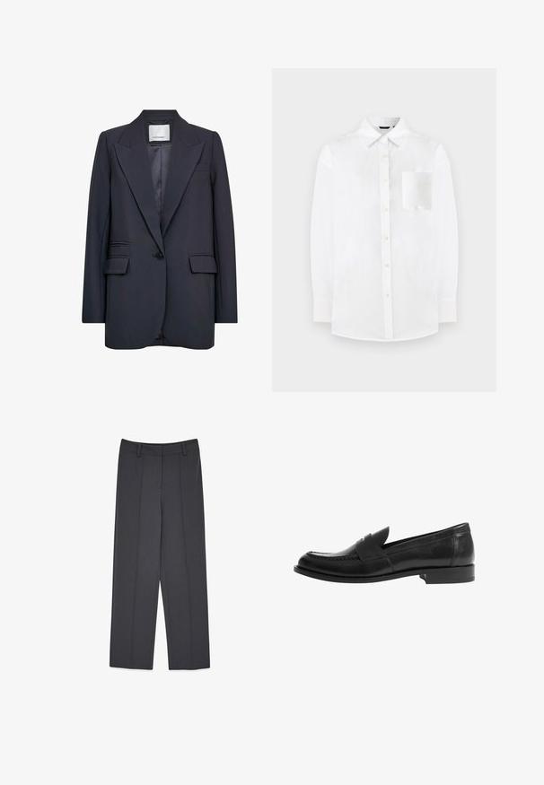 Blazer marino con un diseño ajustado, que presenta solapas afiladas, cierre de un botón y dos bolsillos frontales con una textura suave.; Camisa blanca de botones, hecha de tejido ligero. Presenta un collar clásico, mangas largas y un único bolsillo en el pecho con una textura suave.; Pantalones grises a medida con un diseño de pierna recta, que cuentan con pliegues prensados, una textura suave y presillas para cinturón. No hay bolsillos visibles.; Scarosso HARPER - Zapatos sin cordones - black calf