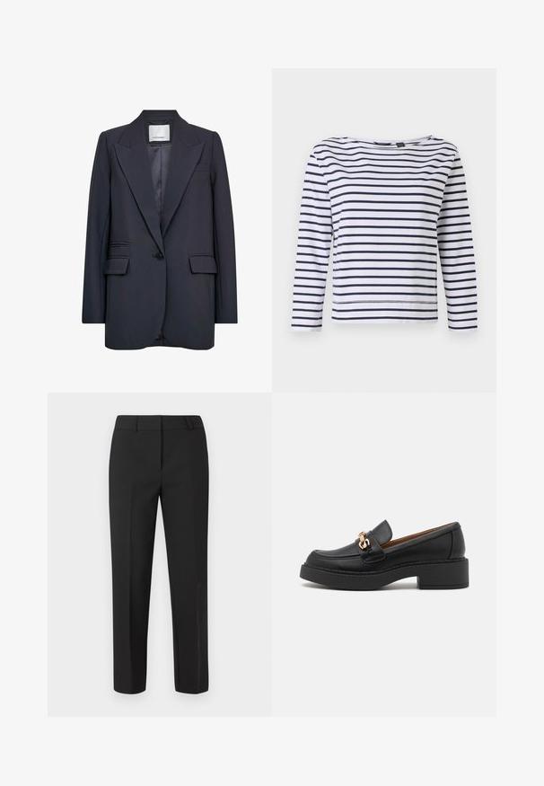 Blazer bleu marine foncé sur mesure avec fermeture à bouton unique, larges revers, poches à rabat et deux petites poches fendues à l'avant.; Haut à manches longues rayé en blanc et bleu marine, avec un col bateau et une coupe décontractée. Fabriqué en coton doux avec des ourlets cousus.; Pantalon noir sur mesure avec une coupe droite, taille plate et sans ornements visibles. Fabriqué dans un tissu lisse avec une finition nette.; Mocassin en cuir noir avec une semelle plateforme épaisse, orné d'une chaîne métal doré et présentant des détails de couture visibles. Texture lisse et design élégant.