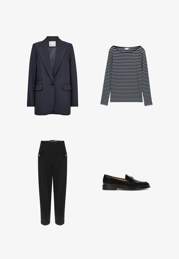 Blazer marino con un diseño ajustado, que presenta solapas afiladas, cierre de un botón y dos bolsillos frontales con una textura suave.; Camisa de manga larga a rayas en azul marino y blanco con un escote ancho, hecha de un material suave, que presenta rayas horizontales de igual tamaño.; Pantalones negros a medida con un tejido texturizado, que presentan bolsillos frontales, acentos de botones en tono dorado y una silueta ajustada.; Mocasín de cuero negro con punta redondeada, silueta esbelta y una correa decorativa con acento de hardware en la parte superior. Suela plana de goma.