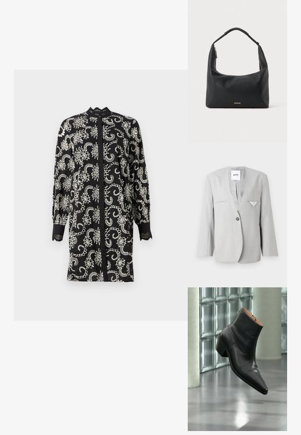 Šedý blazer s hlbokým výstrihom do V a jedným gombíkom, ktorý má dva predné vrecká a detail vreckového šálu. Prispôsobený strih s dlhými rukávmi.; Čierna tunika s komplikovanou bielou kvetinovou výšivkou, dlhými rukávmi, vysokým golierom a detailným čipkovým lemom na manžetách. Predné zapínanie na gombíky.; Čierna kožená členková obuv s ostrou špičkou a blokovým podpätkom vznášajúca sa nad odrazovou sivou podlahou pri stene zo sklenených blokov.; Čierna kožená kabelka na rameno s pletenou rúčkou, zlatým zipsovým detailom a malým zlatým logom "HUGO" v strede vpredu.