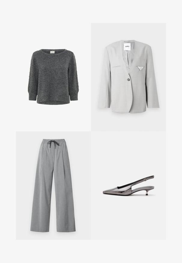 Šedý blazer s hlbokým výstrihom do V a jedným gombíkom, ktorý má dva predné vrecká a detail vreckového šálu. Prispôsobený strih s dlhými rukávmi.; Kaffe KABETTY - Svetrík - grey melange; Svetlosivé široké nohavice s elastickým pásom a čiernym šnúrkou, vyrobené z hladkej látky, zobrazené na bielom pozadí.; Metalicky sivá slingback obuv so špicatou špičkou, nízkym kitten podpätkom a nastaviteľným remienkom na bielom pozadí.