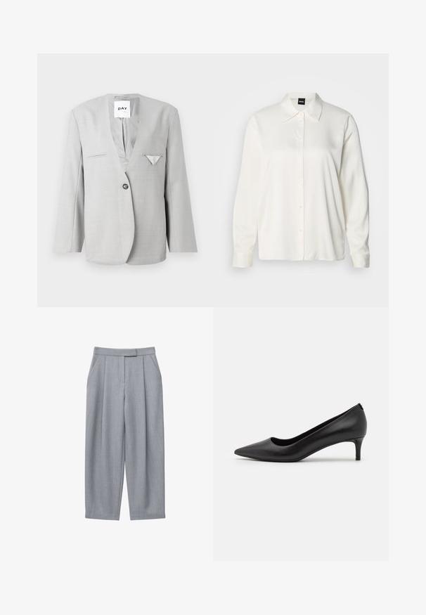 Blazer gris avec un décolleté en V profond et une fermeture à un bouton, comportant deux poches avant et un détail de pochette. Coupe ajustée avec des manches longues.; Chemise blanche à manches longues en tissu lisse, avec un col classique, une boutonnière à l'avant et des poignets boutonnés, offrant une coupe décontractée.; Pantalon gris avec un design sur mesure, comprenant des plis, des poches latérales et une coupe droite. Texture lisse et taille mi-haute.; Escarpin noir en cuir avec un bout pointu et un petit talon. Texture lisse, design épuré et détails subtils au niveau du talon.