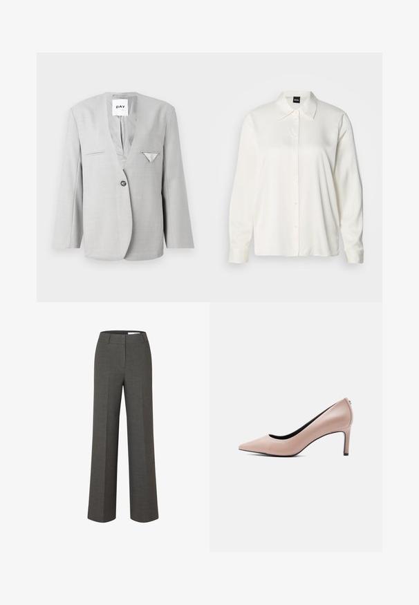 Grå blazer med dyb V-hals og enkelt knaplukning, med to forlommer og et lommetørklæde detaljer. Skræddersyet pasform med lange ærmer.; Hvid skjorte med lange ærmer lavet af glat stof, der har en klassisk krave, knaplukning foran og knapper ved ærmekanterne, med en afslappet pasform.; Mørkegrå skræddersyede bukser med vide ben, frontbirl og taljebånd med bæltestropper på hvid baggrund.; Beige spids-tå højhælet sko med en slank stilet-hæl på en ensfarvet hvid baggrund.
