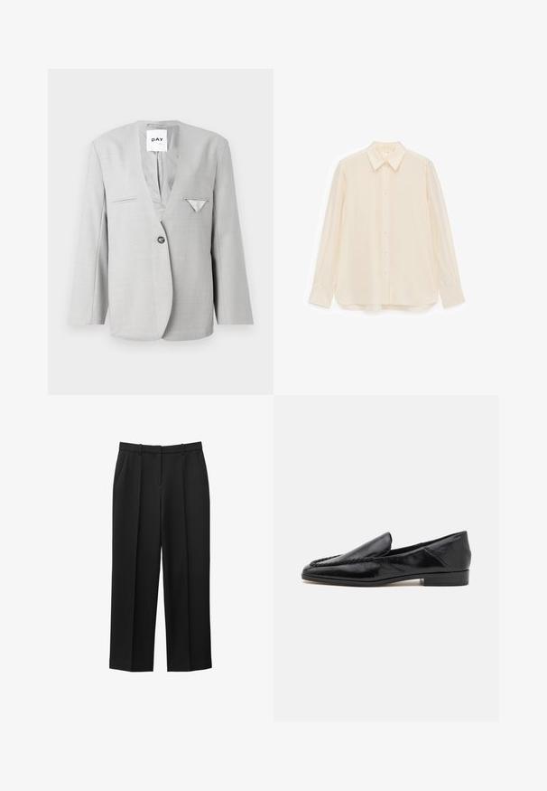 Grijze blazer met een diepe V-hals en één knoopsluiting, voorzien van twee zijzakken en een pochet detail. Tailored fit met lange mouwen.; Roomkleurig overhemd met knopen, gemaakt van een gladde stof, met een kraag, lange mouwen en een licht gebogen zoom.; Zwarte, rechte, op maat gemaakte broek met riemlussen en zijzakken, ontworpen voor formeel of zakelijk gebruik.; Zwarte leren instappers met een gladde afwerking, voorzien van een gestikt ontwerp langs de voorkant en een lage, vierkante hak.