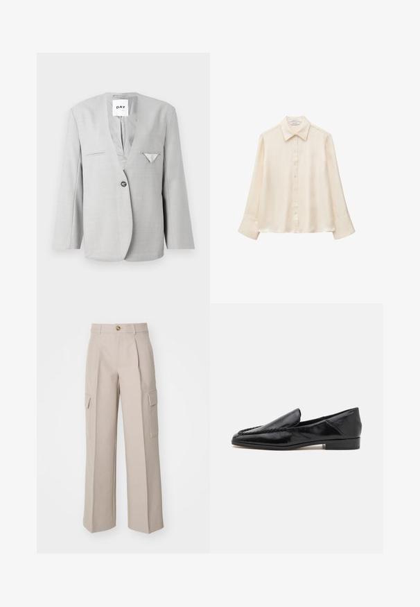 Šedý blazer s hlbokým výstrihom do V a jedným gombíkom, ktorý má dva predné vrecká a detail vreckového šálu. Prispôsobený strih s dlhými rukávmi.; Krémová hodvábna blúzka s dlhými rukávmi, špicatým golierom a zapínaním na gombíky vpredu, zobrazená na obyčajnom bielom pozadí. Bez viditeľných vzorov alebo dizajnov.; Béžové široké nohavice vyrobené z látky, s prednými skladmi a dvoma bočnými cargo vreckami. Zahrnuté je predné zapínanie na gombík.; Čierne kožené mokasíny s hladkým povrchom, ktoré majú prešívaný dizajn pozdĺž predného okraja a nízky štvorcový podpätok.