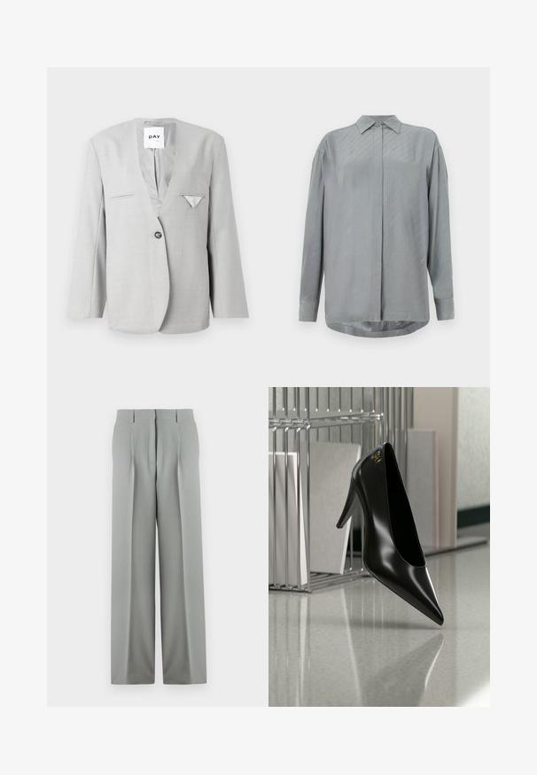 Grauer Blazer mit tiefem V-Ausschnitt und einreihigem Knopfverschluss, ausgestattet mit zwei vorderen Taschen und einem Einstecktuch-Detail. Maßgeschneiderte Passform mit langen Ärmeln.; Helles graues Langarmshirt aus glattem Stoff mit durchgehender Knopfleiste und dezenten diagonalen Mustern. Klassischer Kragen und abgerundeter Saum.; Helle graue weite Hosen aus glattem Stoff, mit hoher Taille, gefaltetem Vorderteil und zwei Gesäßtaschen mit Gürtelschlaufen.; Schwarzer High-Heel-Schuh mit spitzer Zehe und goldem Logo, auf einer reflektierenden Oberfläche nahe einem verchromten Draht-Organizer mit Dokumenten positioniert.