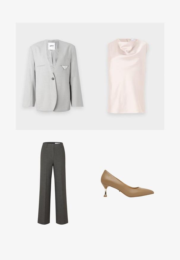 Grå blazer med dyb V-hals og enkelt knaplukning, med to forlommer og et lommetørklæde detaljer. Skræddersyet pasform med lange ærmer.; Ærmeløs top i silkelignende stof i blød beige med en draperet cowl-halsudskæring. Har en diskret lynlås bagpå og en glat, blank tekstur.; Mørkegrå skræddersyede bukser med vide ben, frontbirl og taljebånd med bæltestropper på hvid baggrund.; Beige damesko med spids tå, slank metallisk kittenhæl og lille gyldent logo på siden.