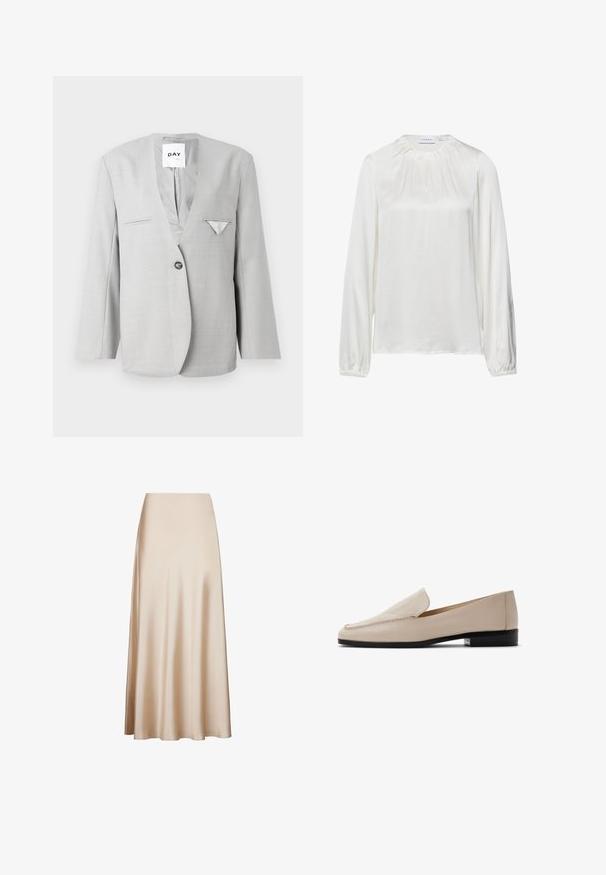 Grauer Blazer mit tiefem V-Ausschnitt und einreihigem Knopfverschluss, ausgestattet mit zwei vorderen Taschen und einem Einstecktuch-Detail. Maßgeschneiderte Passform mit langen Ärmeln.; Weiße Bluse mit langen Ärmeln aus glattem Stoff, mit einem gerafften Ausschnitt und elastischen Bündchen, in einer leicht lockeren Passform.; Beige Satin-Midirock mit glatter Textur und ausgestelltem Design von der Taille bis zum Saum, in A-Linie. Keine sichtbaren Muster oder Akzente.; Beige Ledermokassins mit glatter Textur, abgerundeter Zehenpartie und minimaler Nahtführung. Ausgestattet mit einem niedrigen schwarzen Absatz und einem Schlupfdesign.