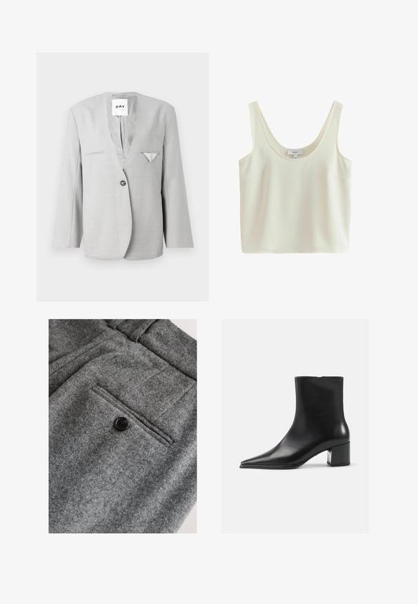 Grauer Blazer mit tiefem V-Ausschnitt und einreihigem Knopfverschluss, ausgestattet mit zwei vorderen Taschen und einem Einstecktuch-Detail. Maßgeschneiderte Passform mit langen Ärmeln.; Ärmelloses, cremefarbenes, kurzes Tanktop mit breiten Trägern und Rundhalsausschnitt aus glattem Stoff.; Graue Wollhose mit flacher Vorderseite, einer einzigen Gesäßtasche mit schwarzem Knopf und einer weichen, strukturierten Oberfläche.; Schwarze Lederschnürstiefelette mit spitzer Zehenform, glatter Textur und mittelhohem Blockabsatz. Minimalistisches Design, Reißverschluss hinten.
