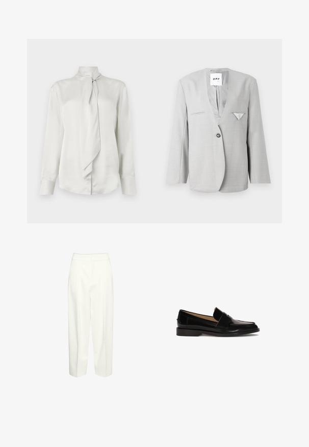 Grå blazer med dyb V-hals og enkelt knaplukning, med to forlommer og et lommetørklæde detaljer. Skræddersyet pasform med lange ærmer.; Hvid langærmet bluse med høj krave og en foran knyttet tørklæde-detail, fremstillet af et glat satinlignende stof.; Hvide bukser med høj talje, lige ben, front-læg og skjult linning, vist mod en ensfarvet baggrund.; Sorte læder loafers med glat finish, afrundet tå og en dekorativ rem over fronten. Lav blokhælsdesign.