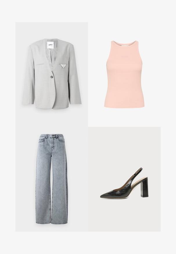 Grauer Blazer mit tiefem V-Ausschnitt und einreihigem Knopfverschluss, ausgestattet mit zwei vorderen Taschen und einem Einstecktuch-Detail. Maßgeschneiderte Passform mit langen Ärmeln.; Helles rosa, geripptes Tanktop mit hohem Halsausschnitt, ärmellosem Design und dezent geprägtem Logo auf der Brust. Glatte, eng anliegende Textur.; Hellblaue Denim-Weitbeinjeans mit hohem Bund, ausgestattet mit Eingrifftaschen, Gürtelschlaufen und kontrastierenden Nähten.; Schwarzer Leder-Slingback-Schuh mit spitzer Kappe, hohem Blockabsatz und beigegefüttertem Innenraum vor hellem, einfarbigem Hintergrund.